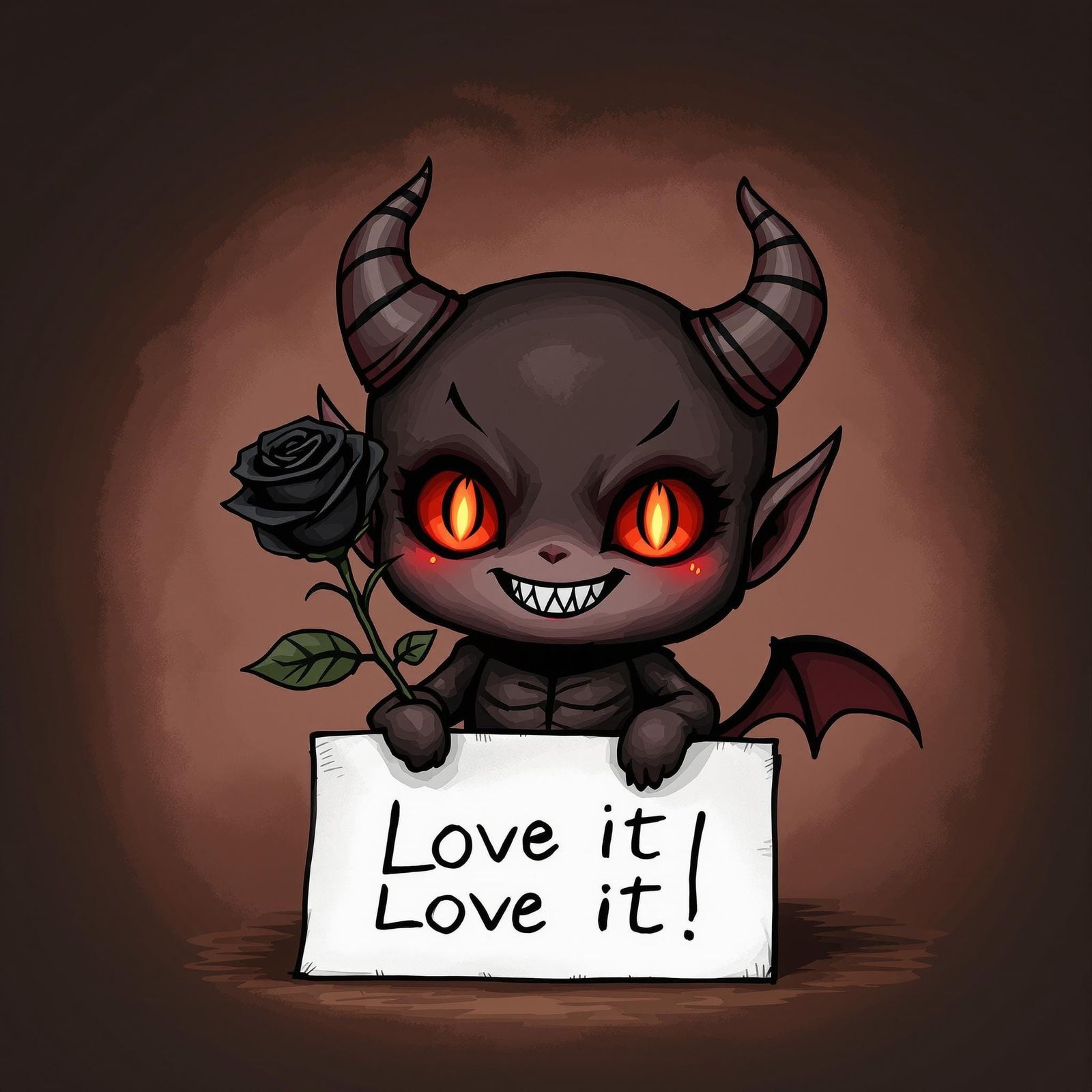 Cute Chibi Demon Doll Offers Black Rose in a Playful Gesture