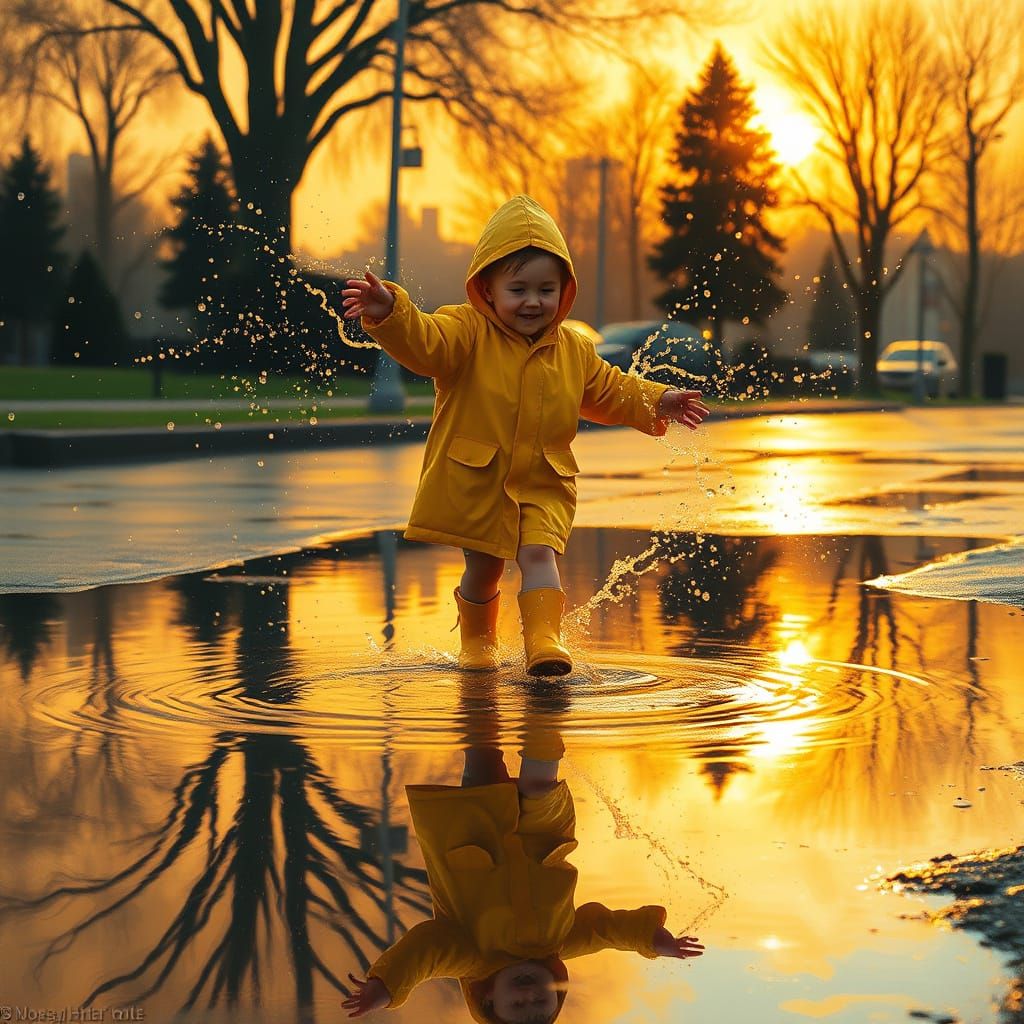Child Splashing in Golden Puddles: Impressionistic Style