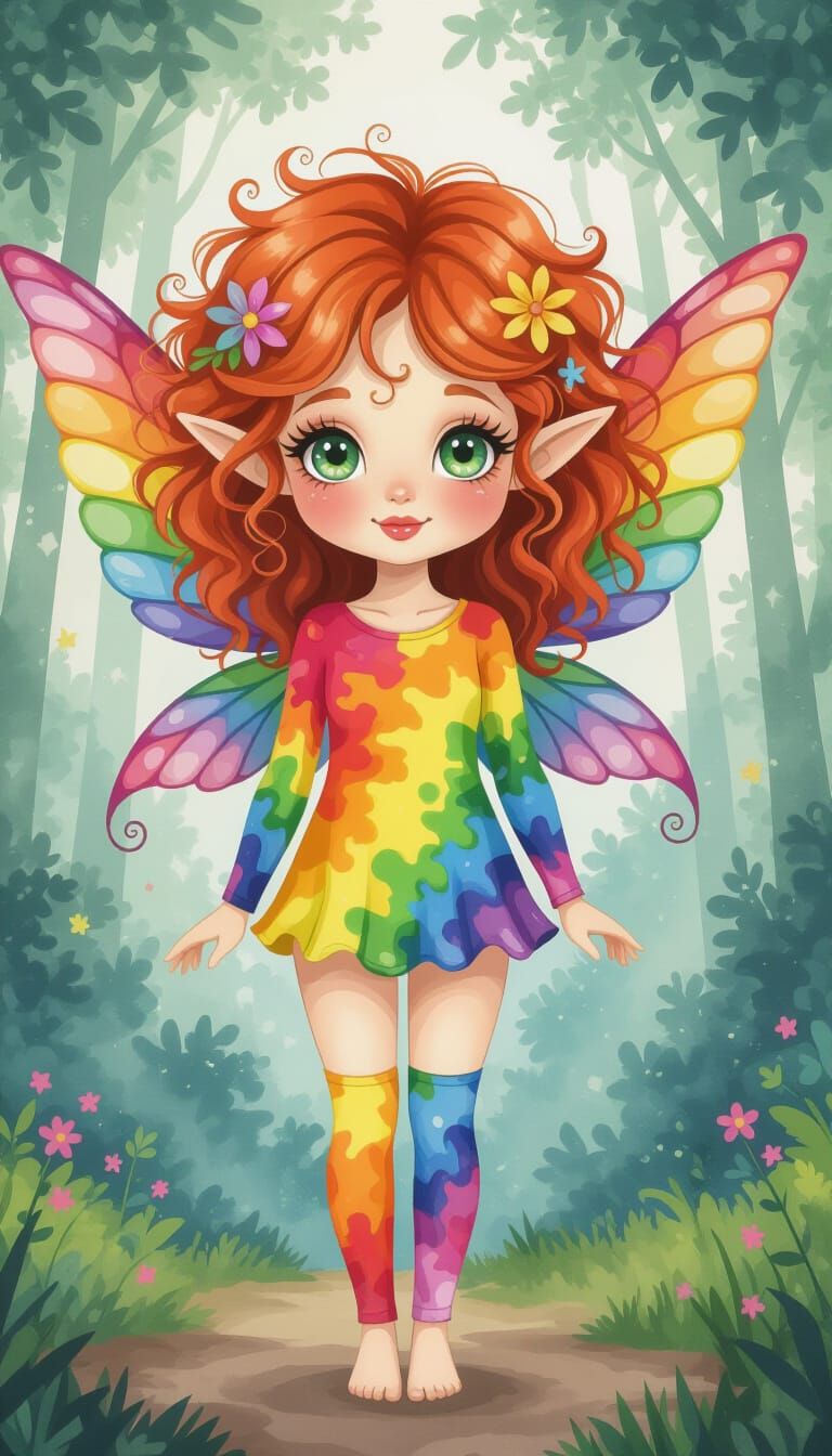 Rainbow Fairy with Red Hair in Alcohol Ink Style