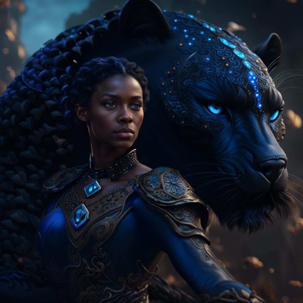 Woman Riding a Panther in Fantasy Art Style