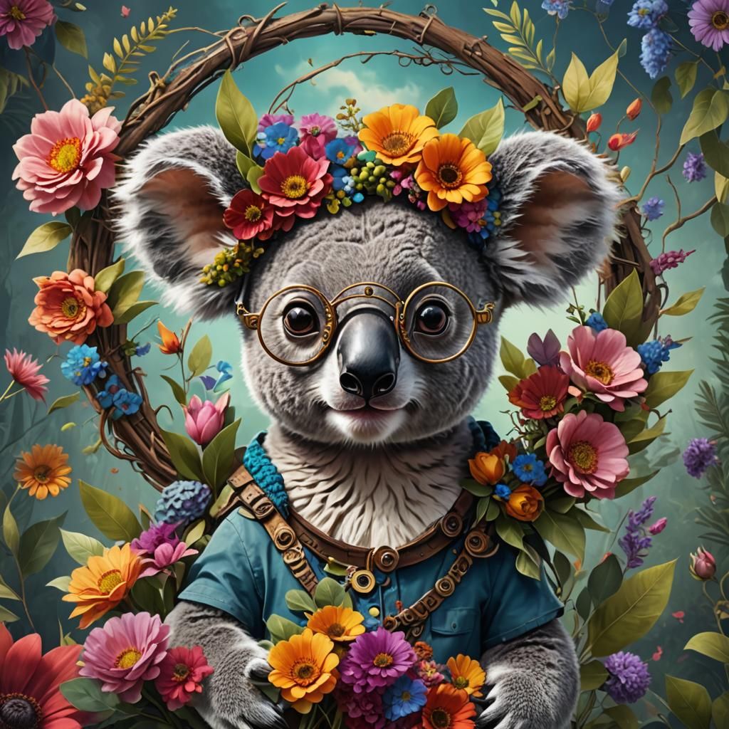 Steampunk Koala Portrait with Flowers, Digital Art