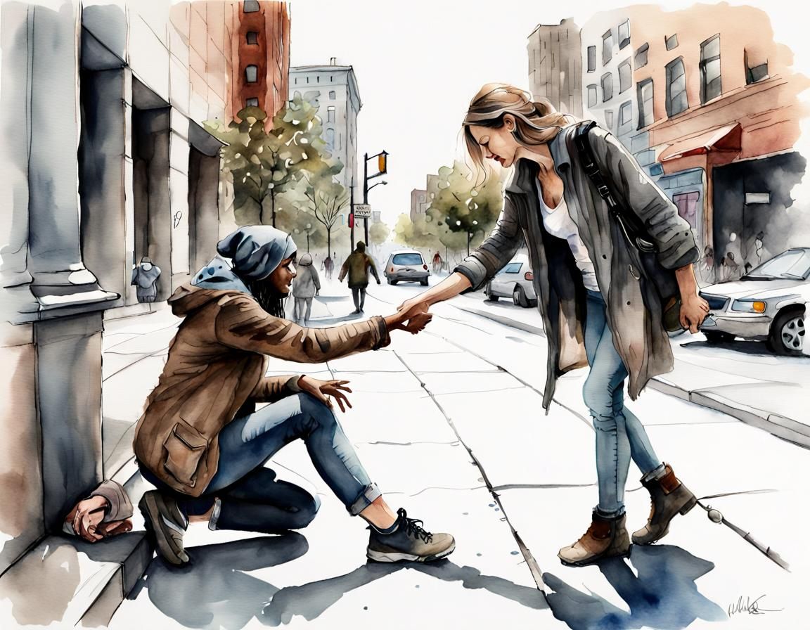 Woman Offers Helping Hand in Watercolor Style