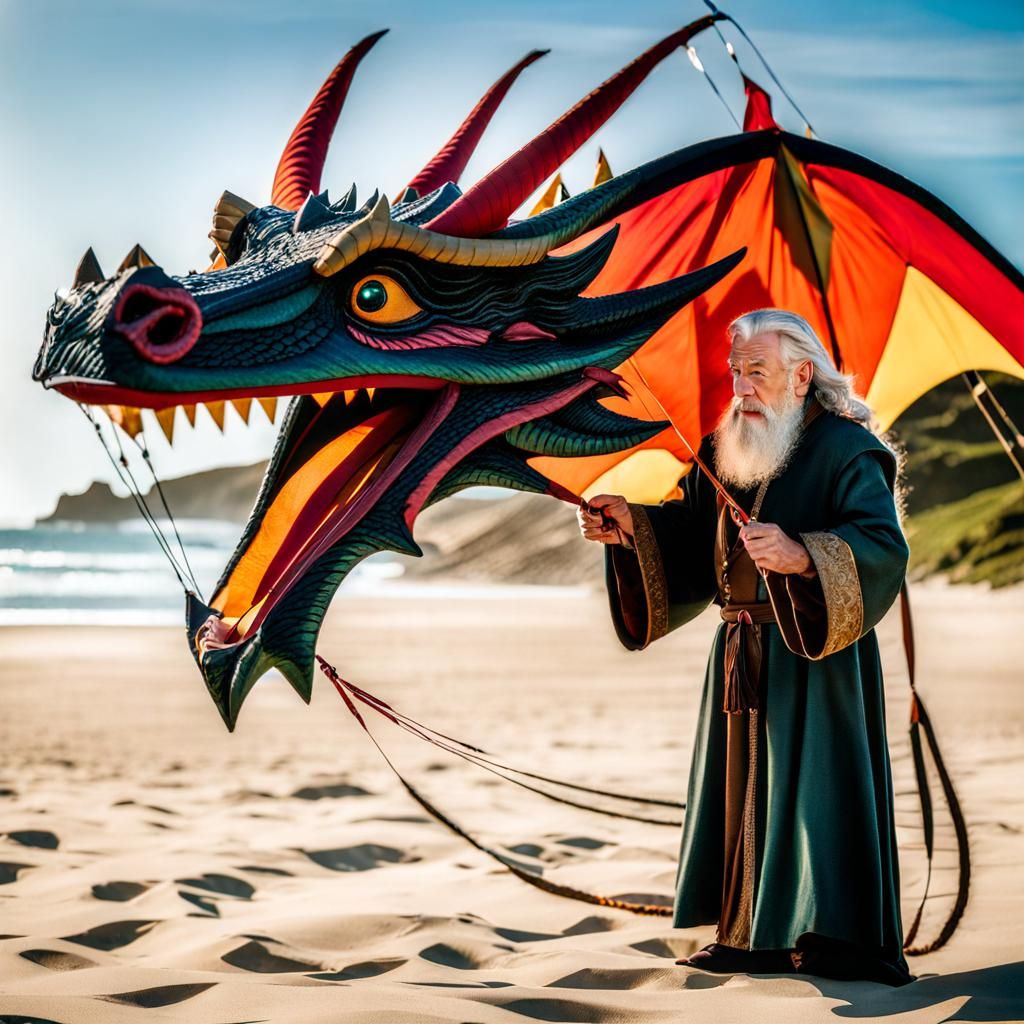 Gandalf on the Beach Flying a Dragon Kite