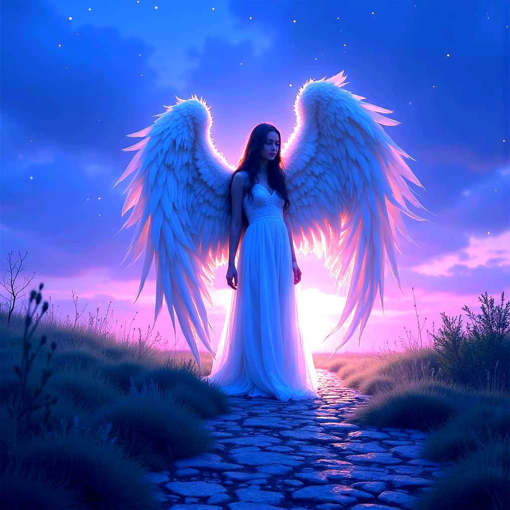 Broken Angel in Desolate Twilight Landscape