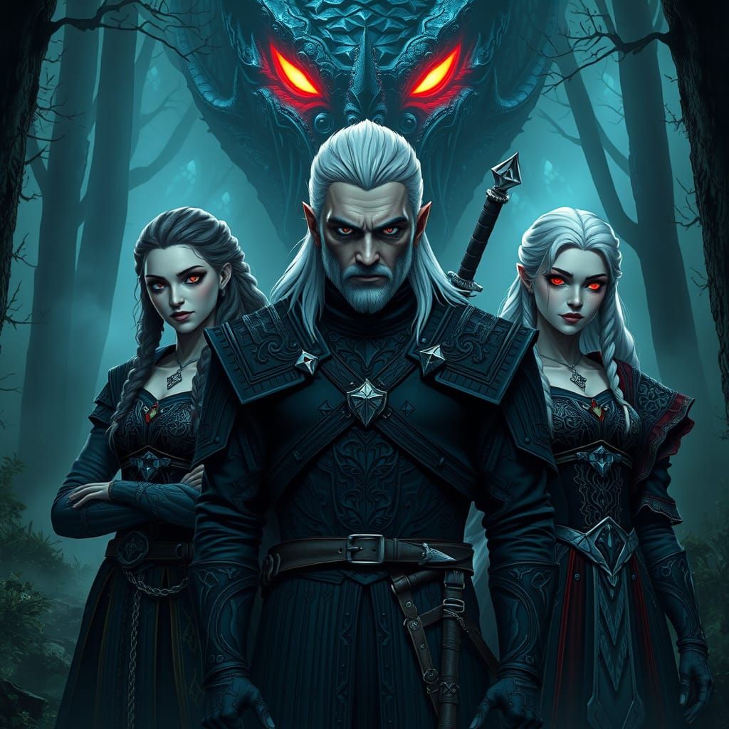 Majestic Fantasy Trio: Ciri, Yennefer, and Geralt in Dark Fa...