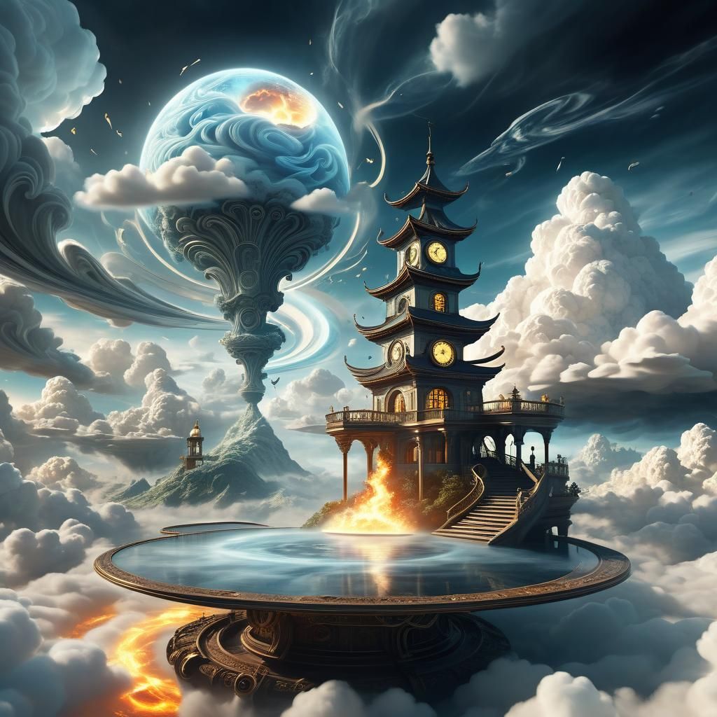 Surreal Stormy Realm with Floating Islands in 3D