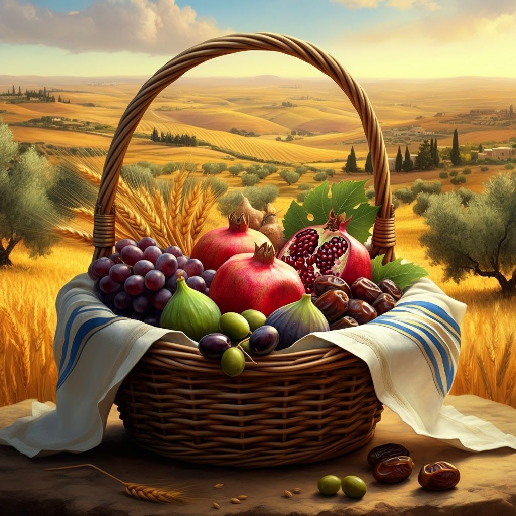 Woven Basket of Seven Species in Vibrant Israel Landscape