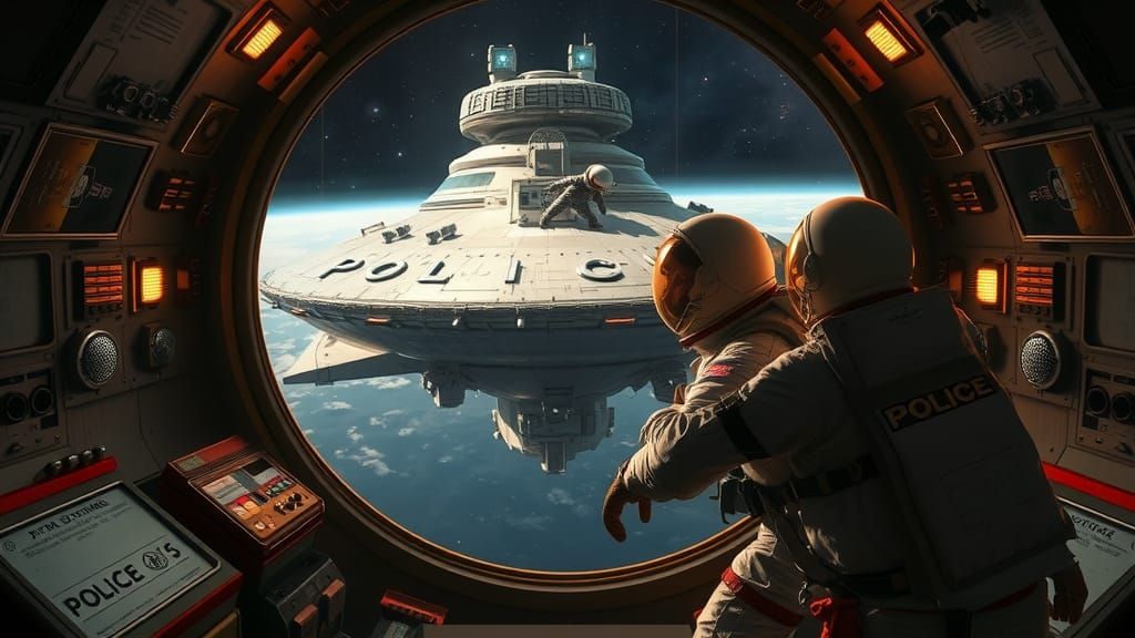 Astronauts Gaze at Police Star Destroyer in Space