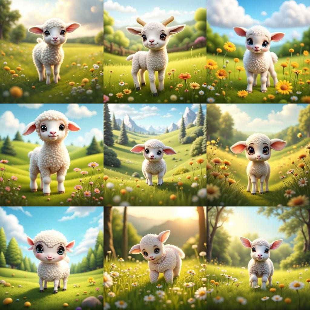 A big-eyed nervous lamb about to take his first steps in a beautiful picturesquemeadow. <lora:Flux Cute Big Eyes:1.0>