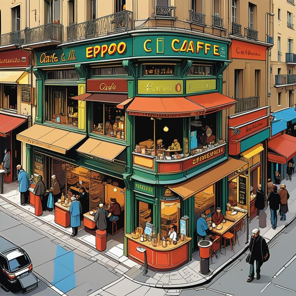 Urban Coffee Shops in French Bande Dessinee Style