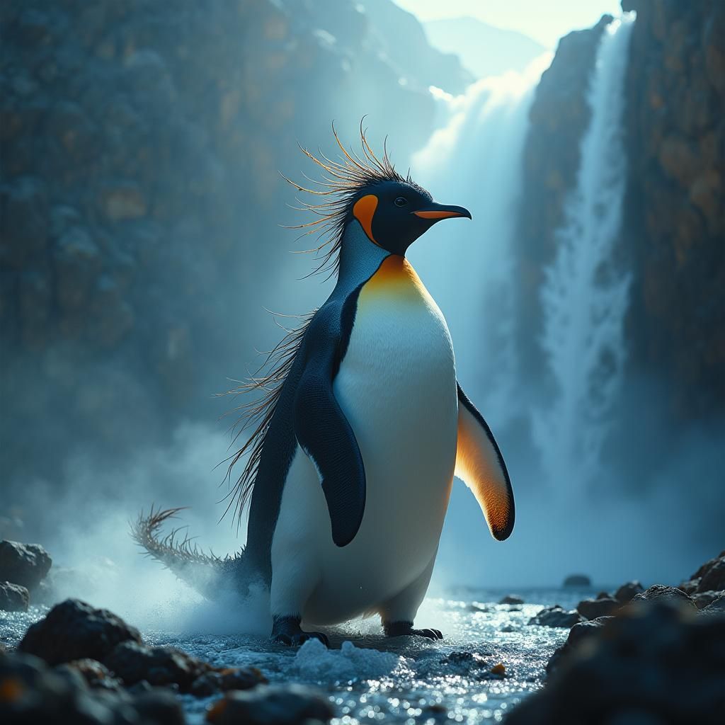 Penguin Dragon Hybrid in Cinematic Landscape