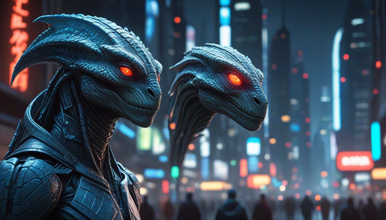 Reptilian Alien in Futuristic Neon City
