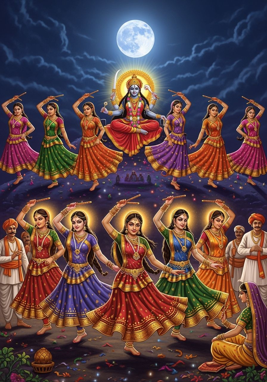 Goddesses Dancing Garba with Dandiya Sticks