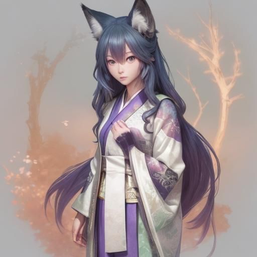 Fox-Eared Woman in Moonlit Forest, Anime Style