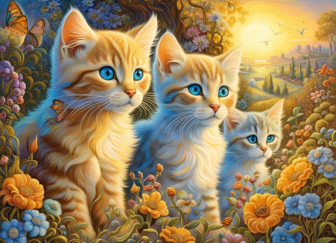Whimsical Kittens in Golden Hour Garden