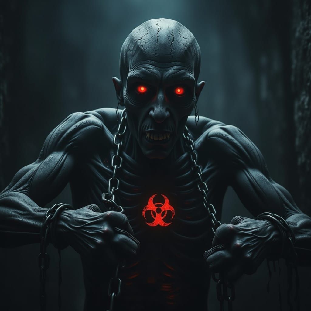 Chained Demon with Biohazard Eyes in Horror Setting