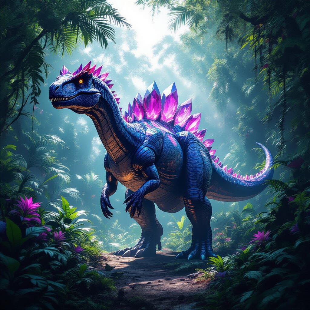 Amethyst Dinosaur Roams Bioluminescent Jungle