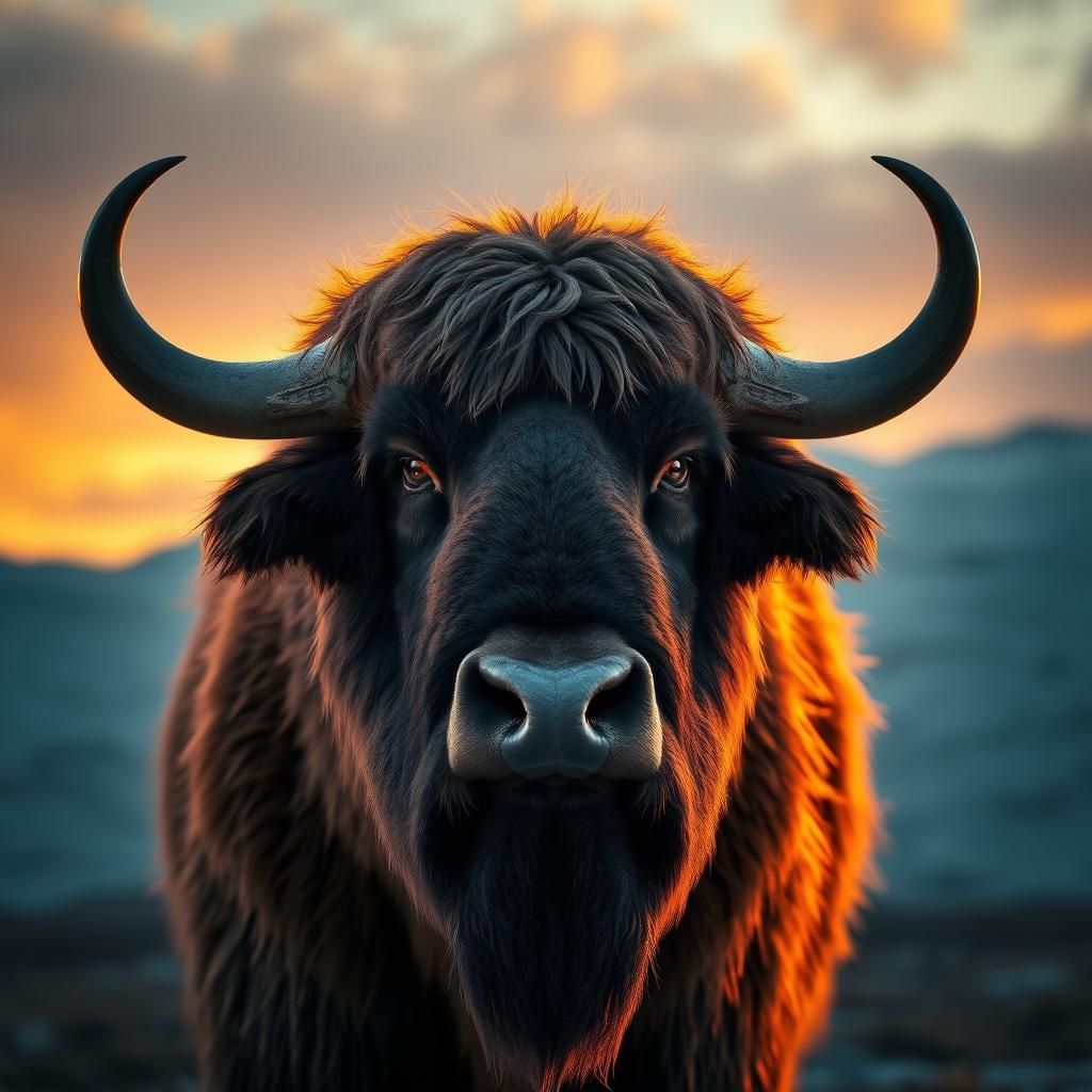 Majestic Musk Ox in Arctic Sunset: Hyperrealistic 3D Render