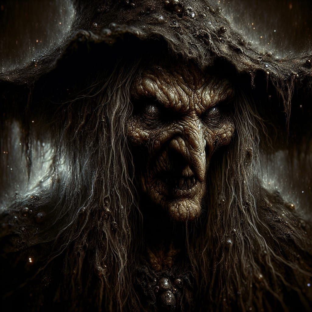 Menacing Witch Portrait in Ominous Oil Painting Style
