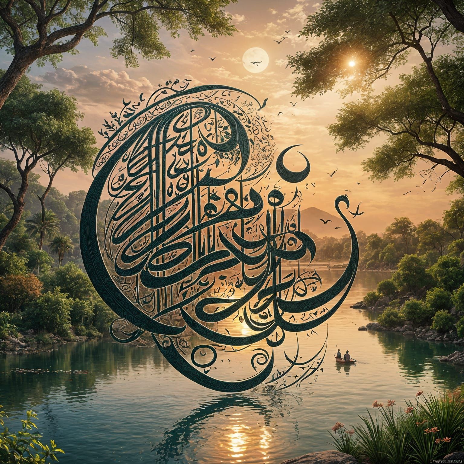 Islamic Calligraphy with Serene Nature in Detailed Matte Pai...