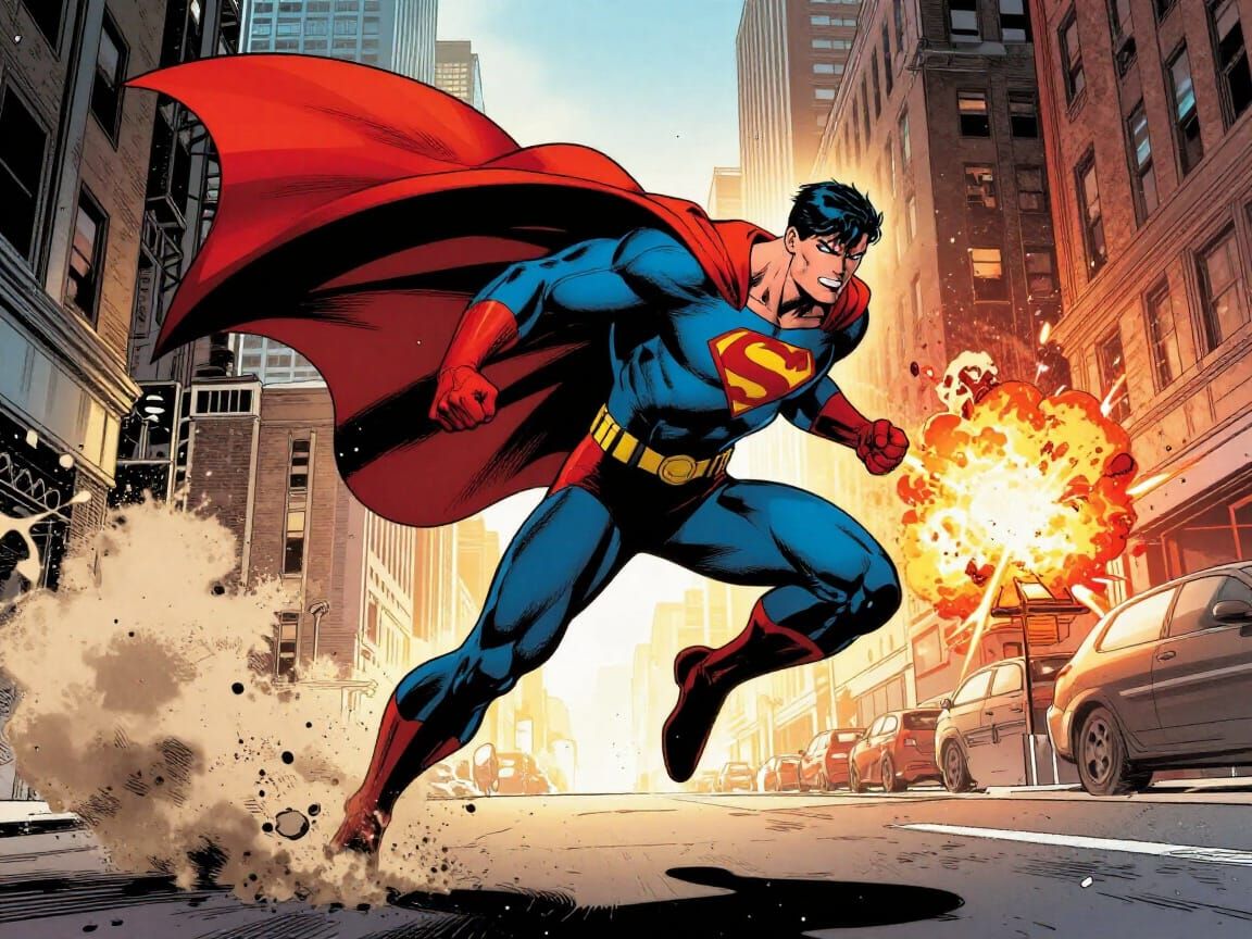 Superhero Landing in Comic Style City Street