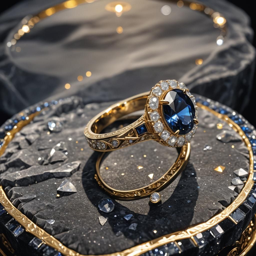Diamond Ring with Sapphires on Velvet Pedestal