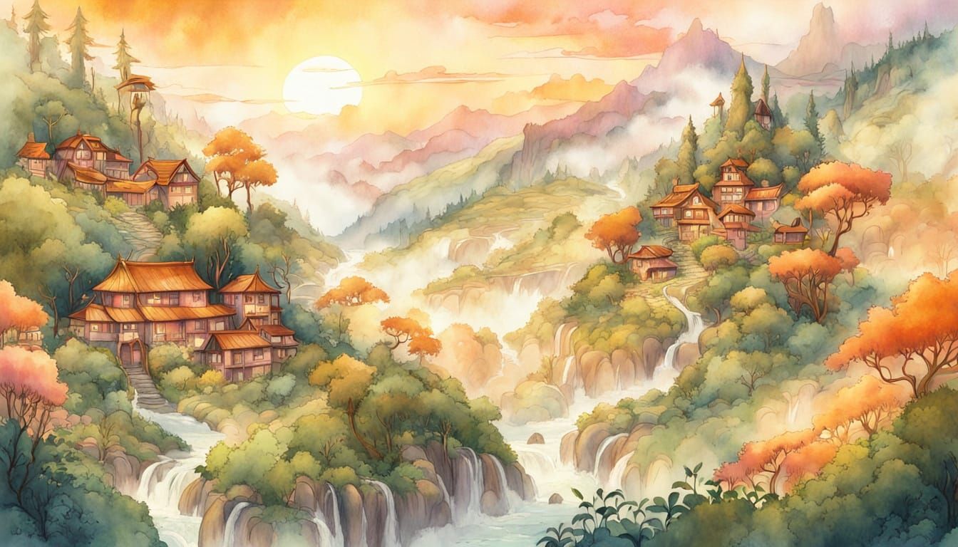 Whimsical Fantasy Village Amidst Lush Greenery