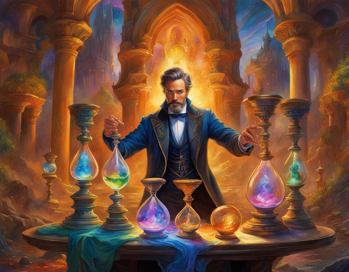 Magician's Hourglass Illusion in Detailed Watercolor