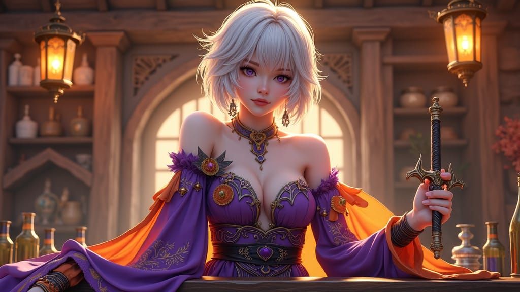 Androgynous Tavern Keeper in Vibrant Fantasy Realm