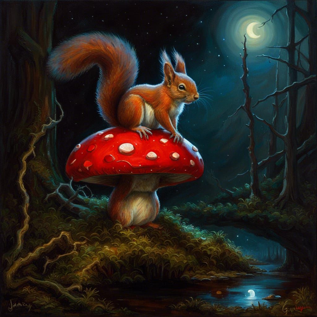 Gothic Horror Squirrel in Swamp at Night