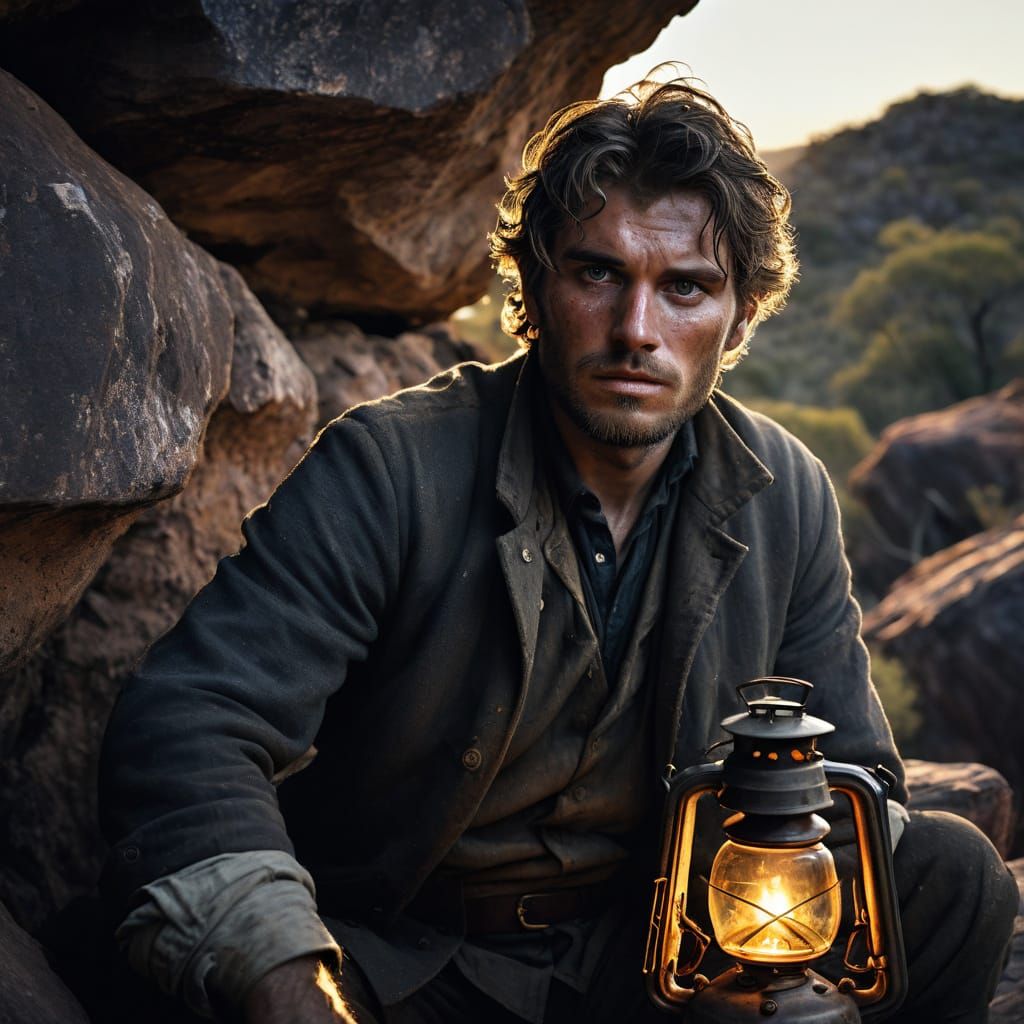 Bushranger's Outback Hideout: A Dramatic Oil Painting