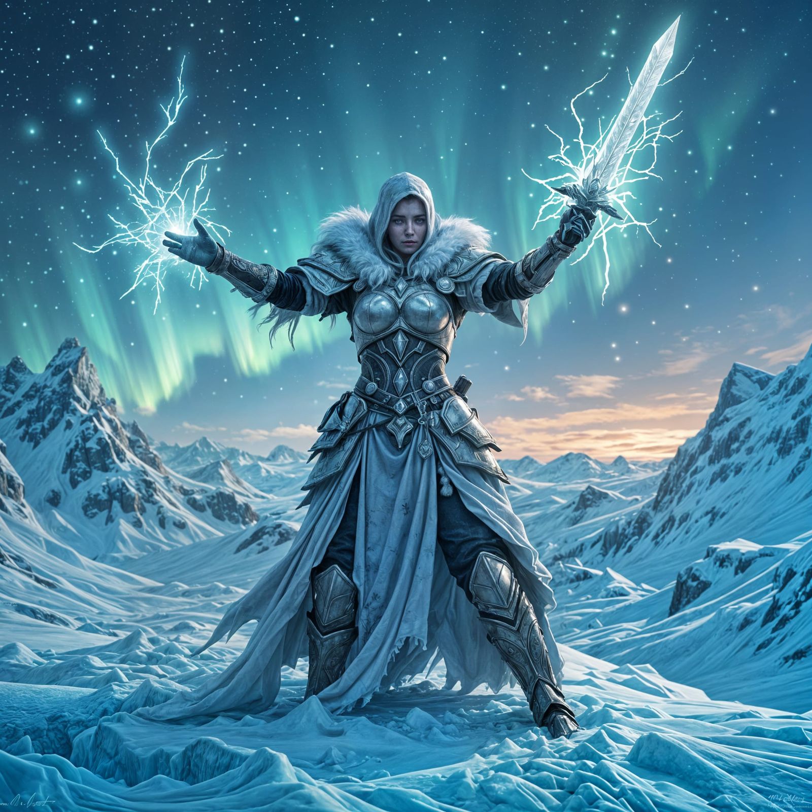 Ice Maiden Summons Sword on Glacier, Digital Painting