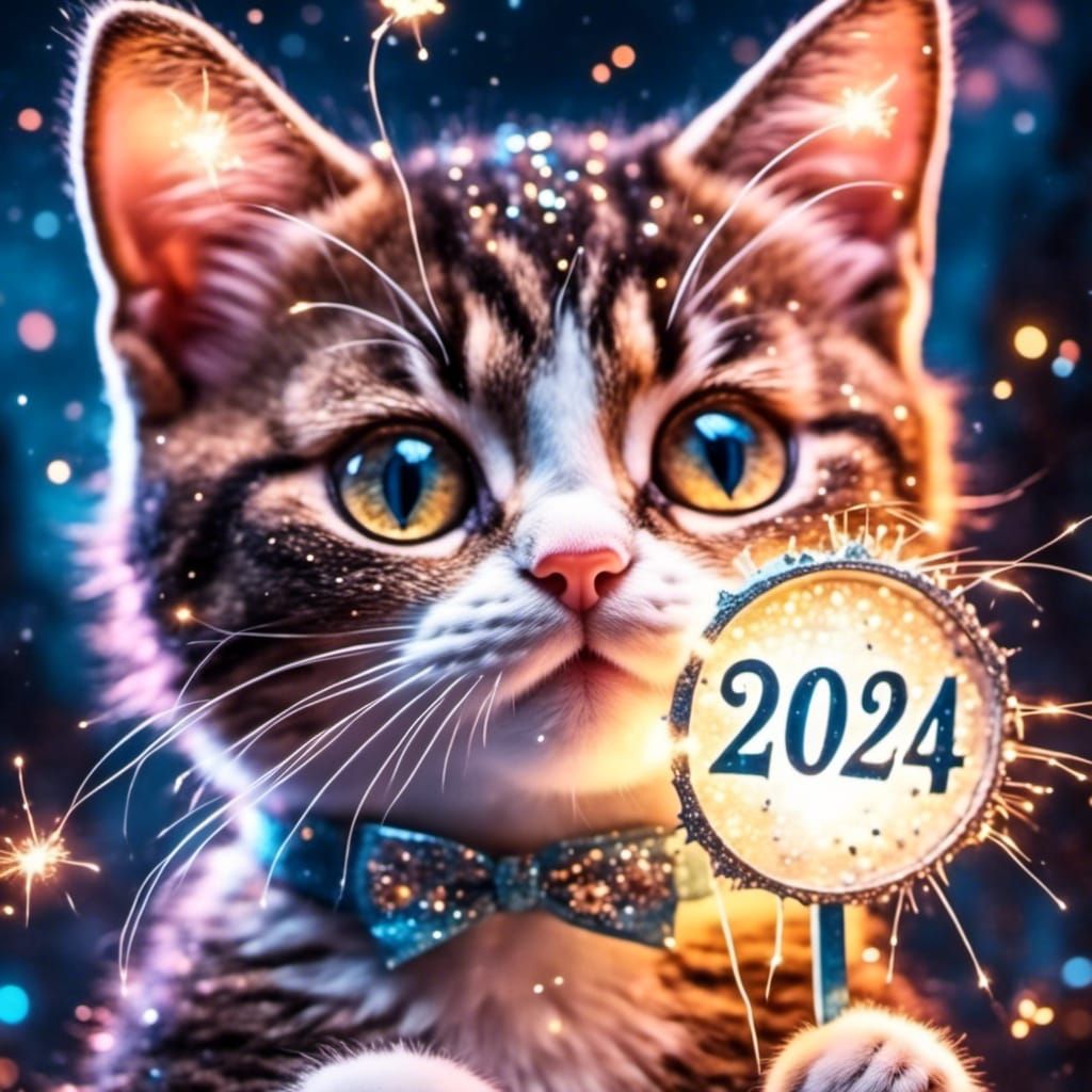 Cat Celebrates 2024 with Sparklers