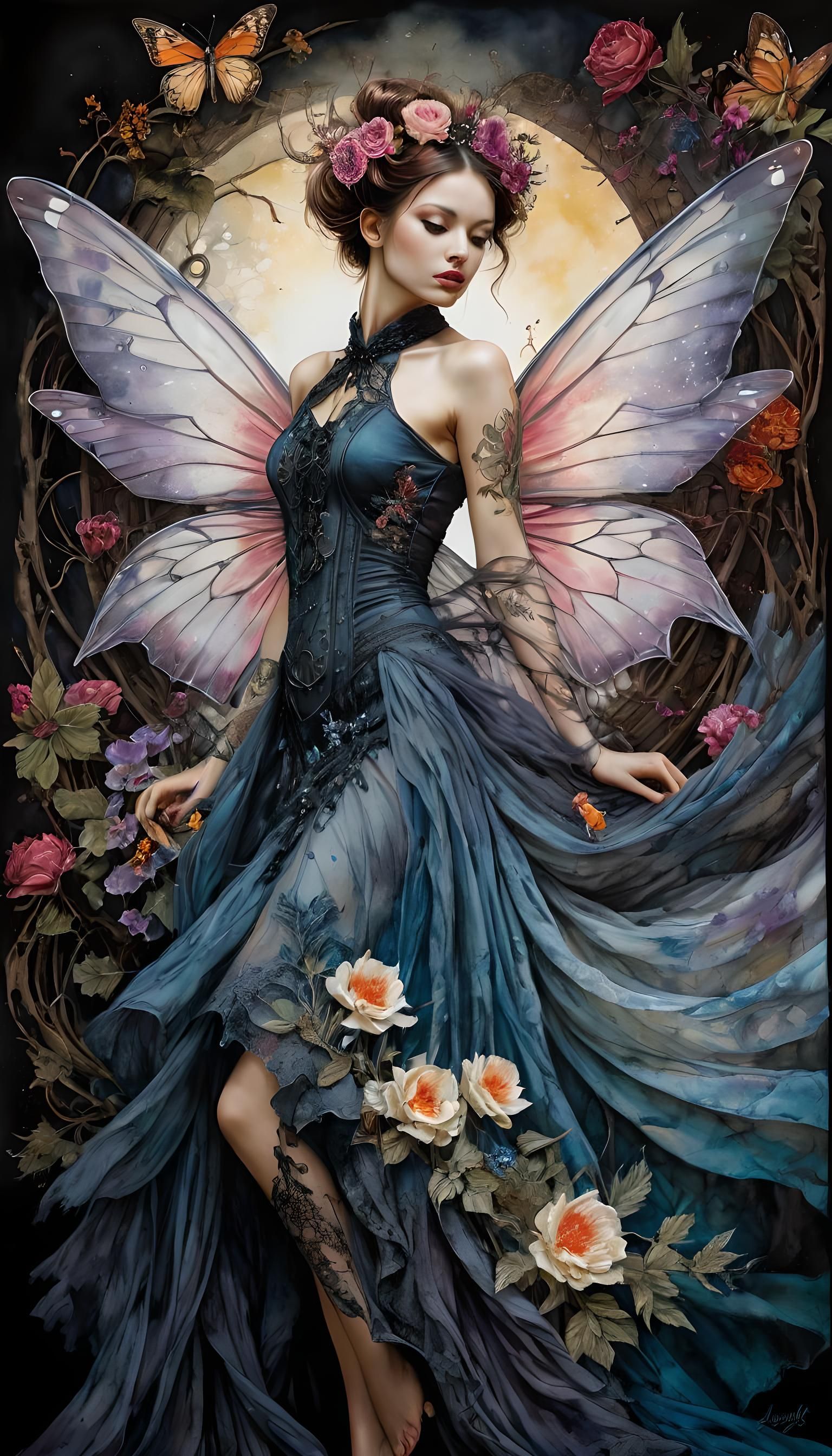 Gothic Pinup Maiden: Surreal Dark Fantasy Watercolor Paintin...