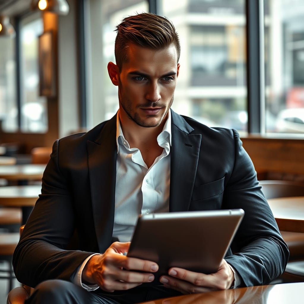 Man in Black Suit Working in Cafe