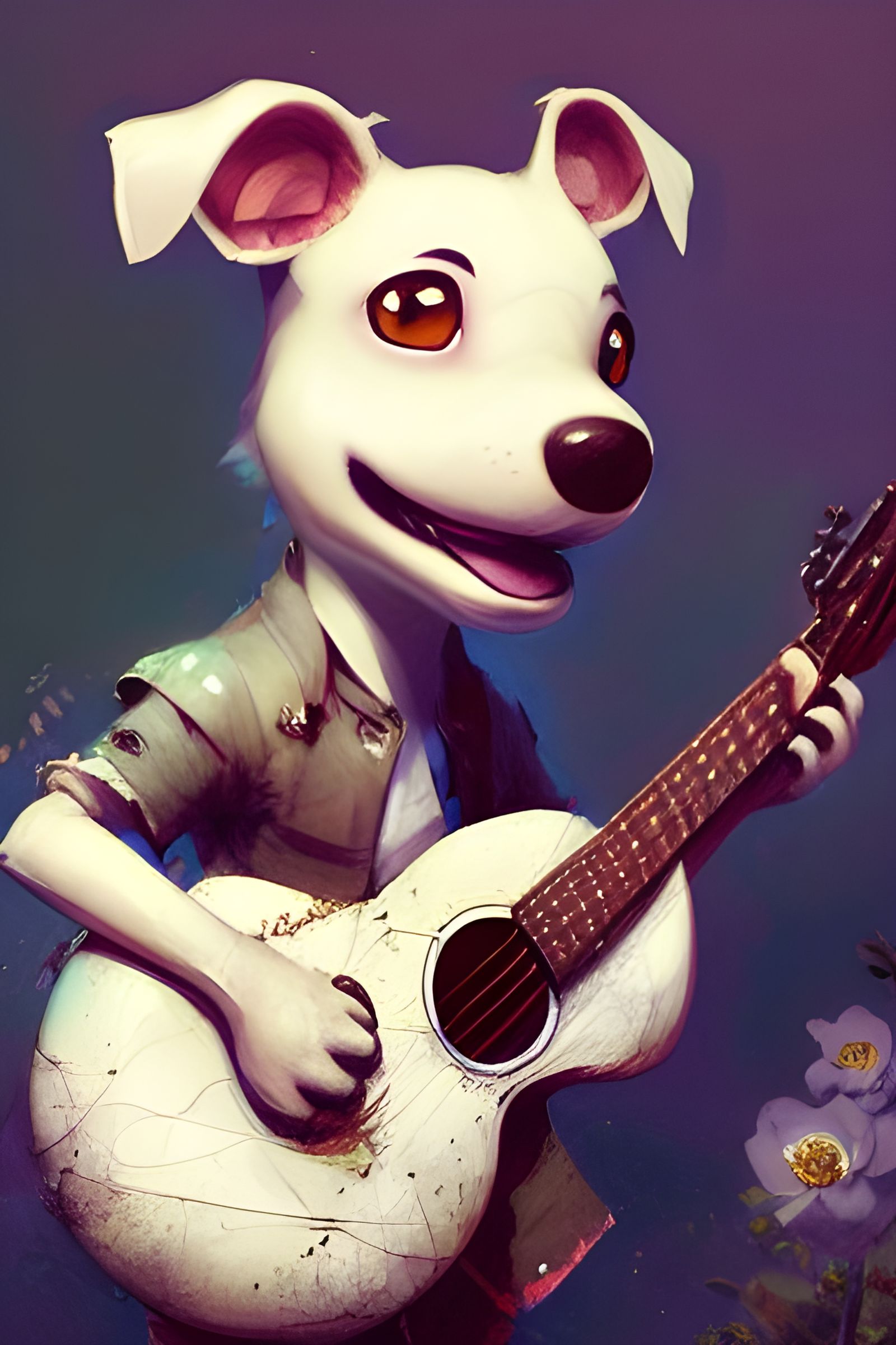 Animal Crossing Dog Plays Guitar: Hyperrealistic Portrait
