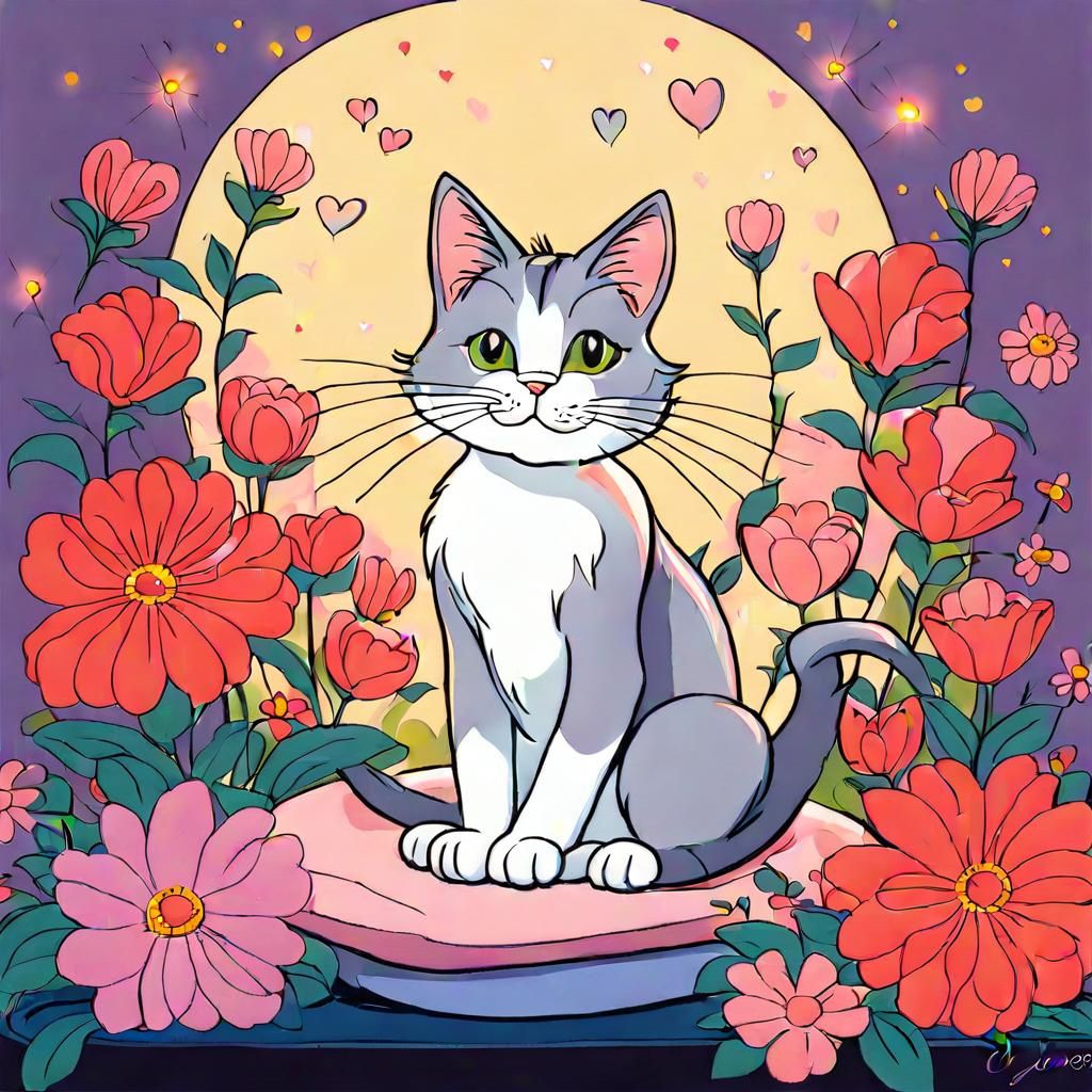 Cute Cat with Flowers in Cartoon Animation Style