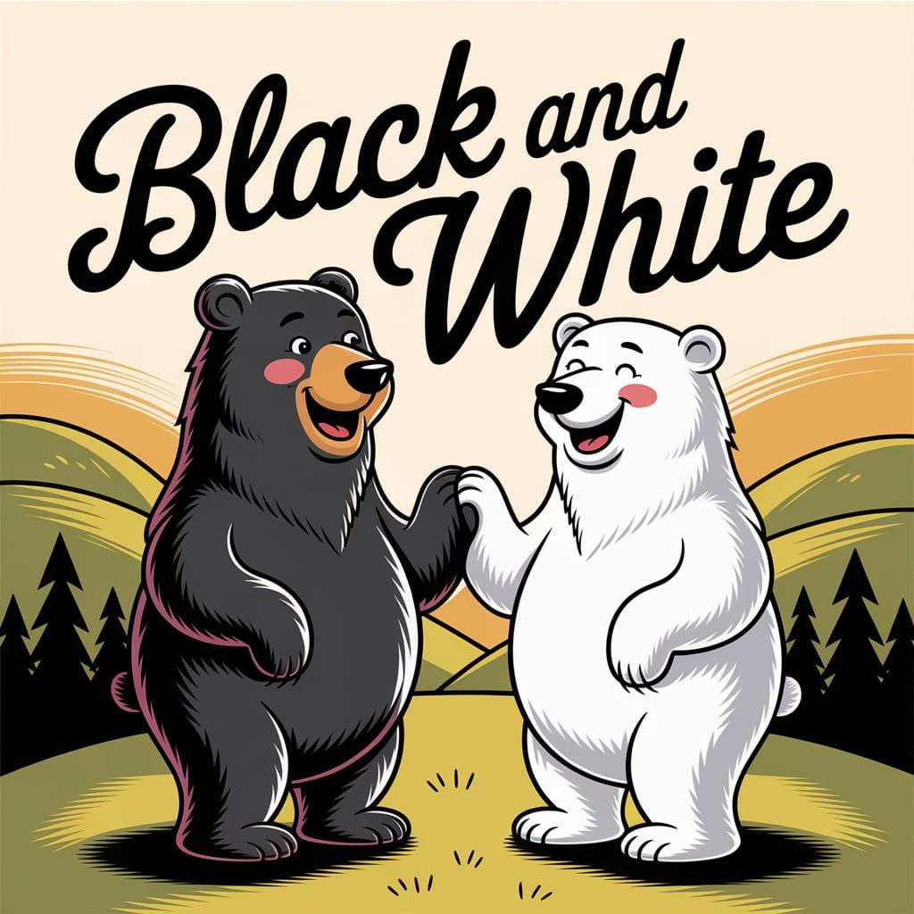 Black and White Bears Holding Hands in Cartoon Style