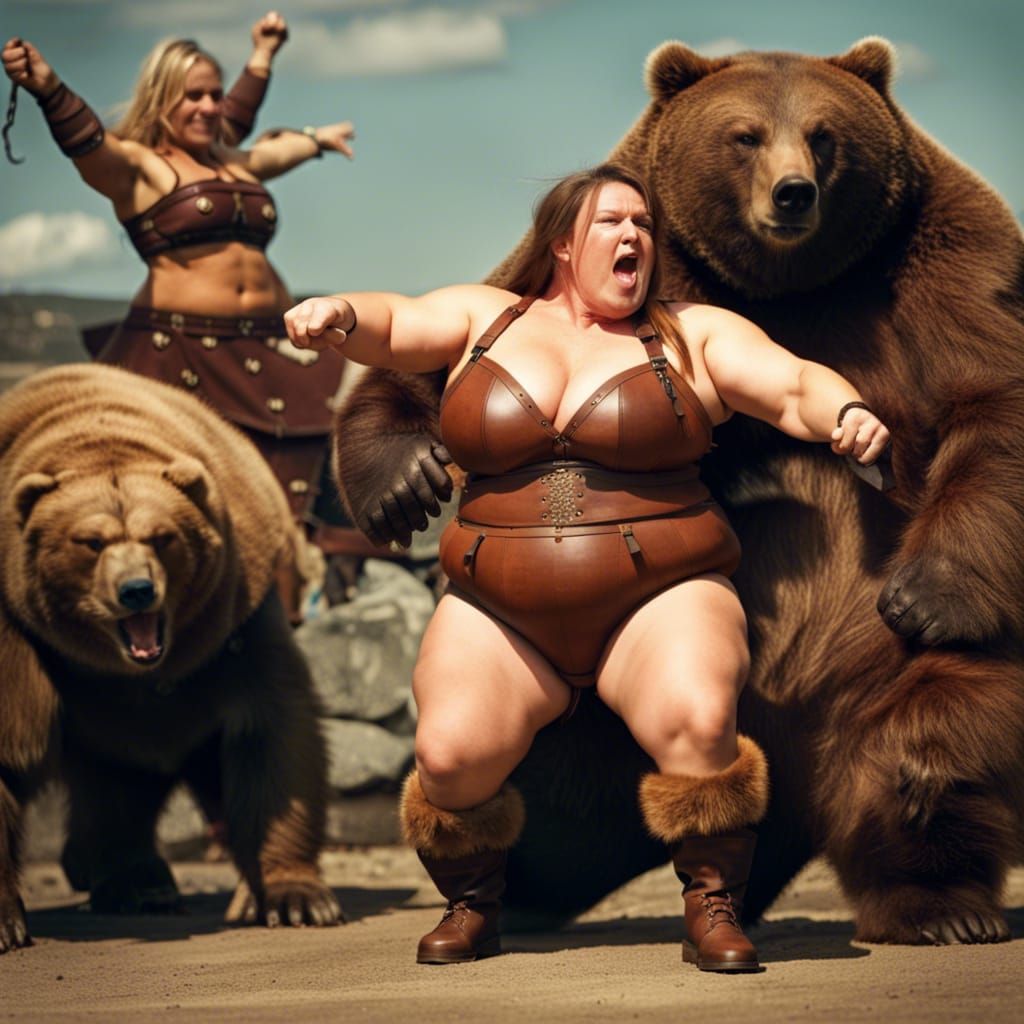 Dwarf Woman Warrior Battles Bear