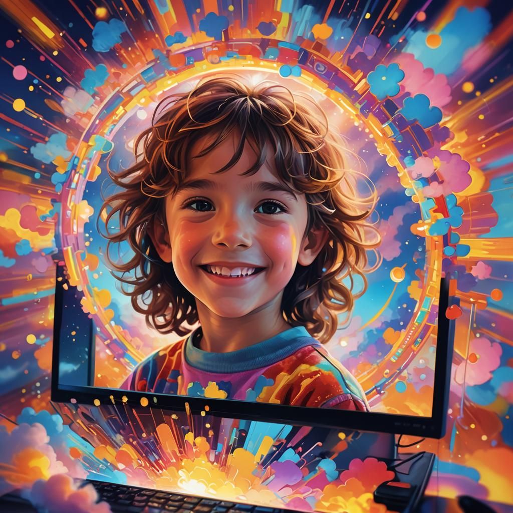 Child Gazes at Magical Digital World, Peter Max Style