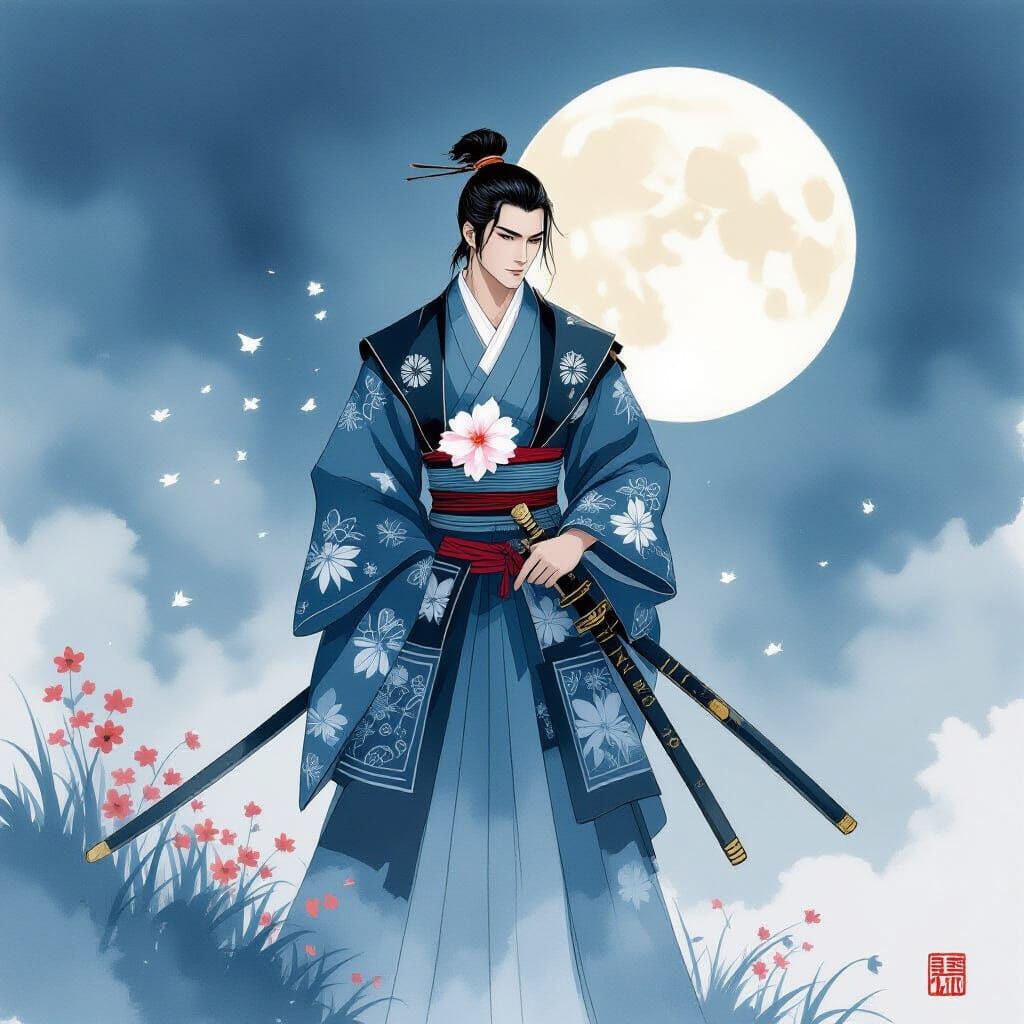 Elegant Gay Samurai with Flower in Moonlight