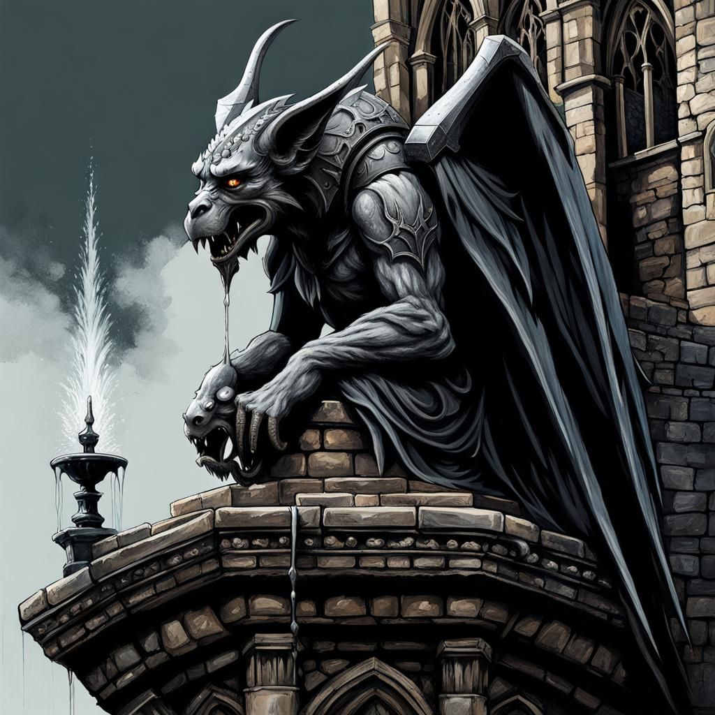 Gothic Gargoyle Fountain in Post-Apocalyptic Setting