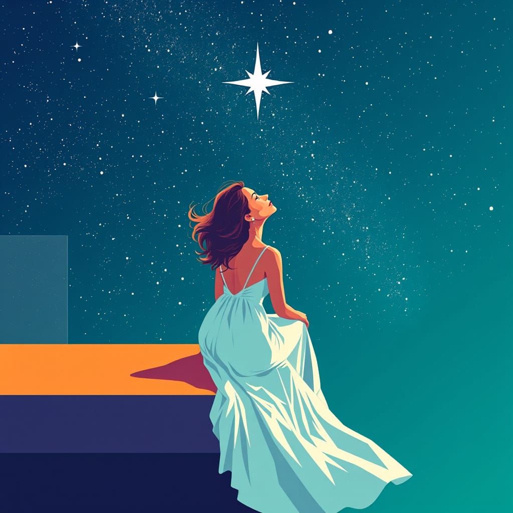 Woman Gazing at Starry Sky in Pop Art Style