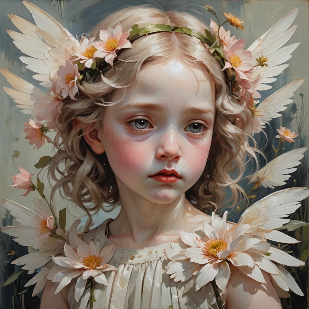 Mournful Girl with Wings in WLOP Style Oil Painting
