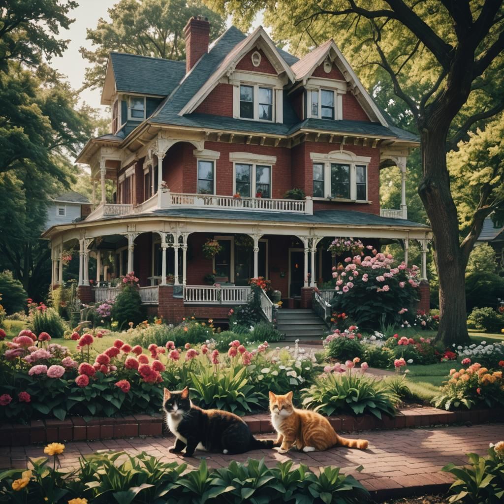 Victorian House with Cats in Cinematic Lighting