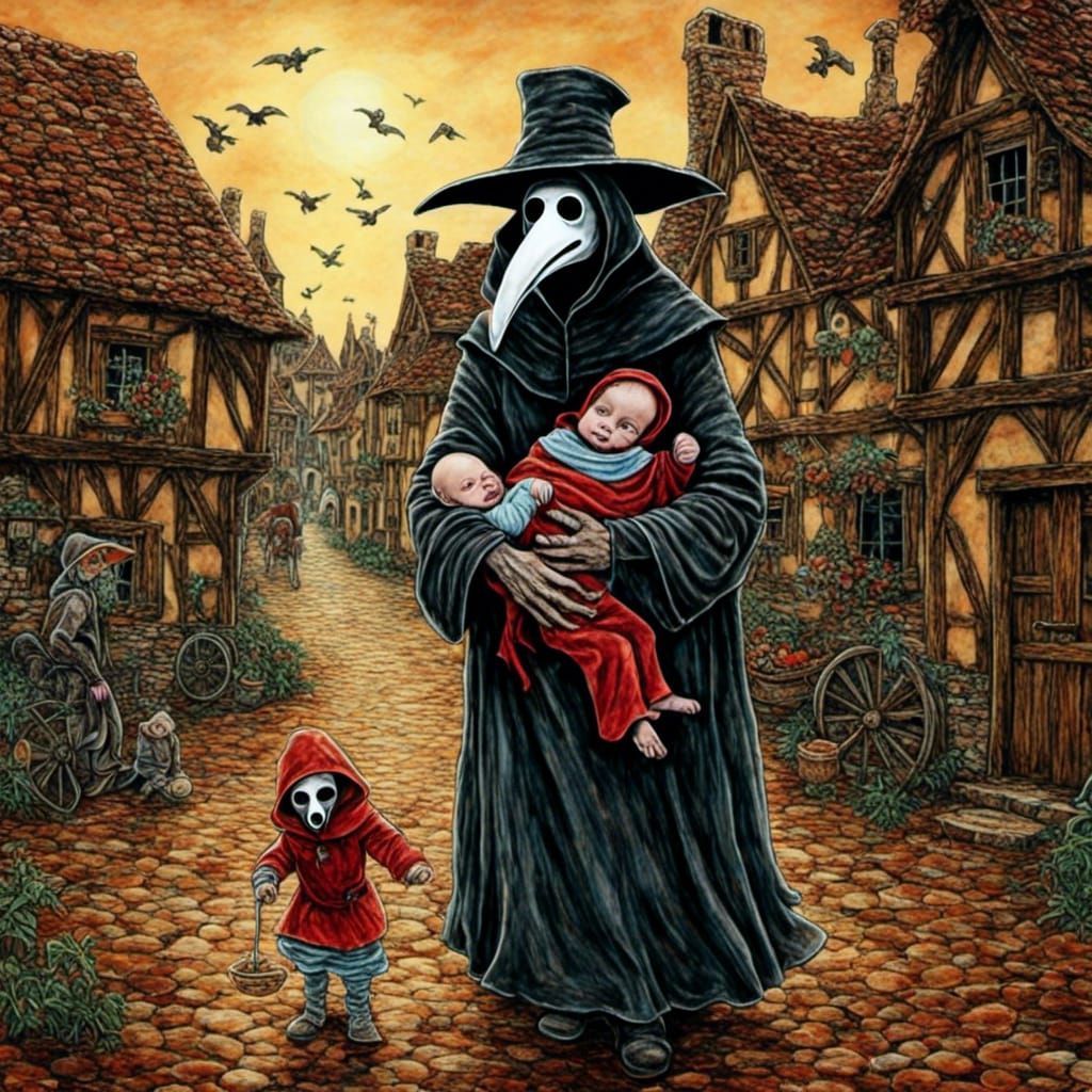 Plague Doctor with Baby in Van Gogh Style