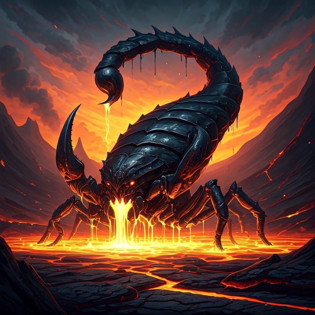 Metallic Scorpion Rising from Molten Lava