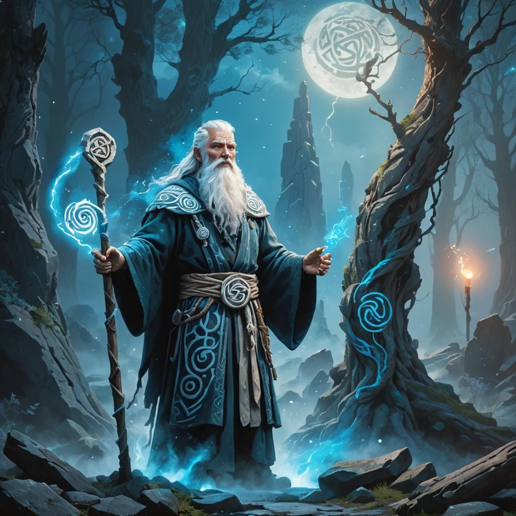 Elder Druid Invokes Magic Near Stone Totems