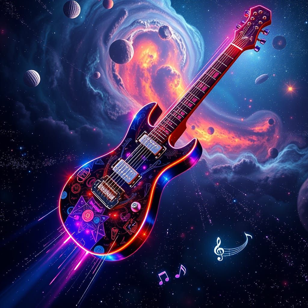 Electric Guitar Soars Through Cosmic Vastness in Vibrant Neo...