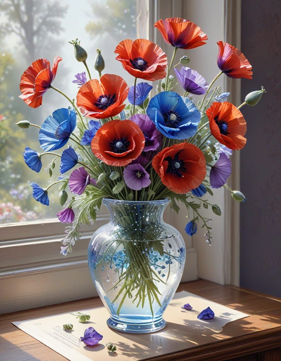 Crystal Vase with Multicolored Poppies, Watercolour and Ink
